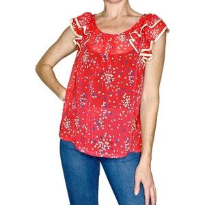 Robin K Red & Blue Heart Ruffle Sheer Valentine’s Day Coquette Blouse